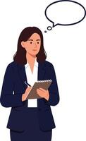 Businesswoman writing notes with speech bubble for communication and ideas in professional setting illustration vector