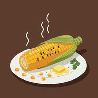 Grilled corn on the cob with butter and herbs on white plate illustration food design vector