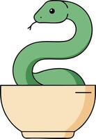 Green snake emerging from beige bowl simple design animal illustration on white background vector