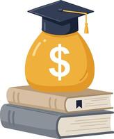 Money bag with graduation cap on stack of books symbolizing education funding and scholarship support for students vector