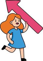 Girl running with big pink arrow pointing up symbolizing progress and growth in illustration style vector