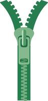 Green zipper illustration with open teeth and slider in simple style for design projects and fashion elements vector