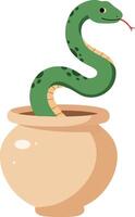 Green snake curling out of beige clay pot design illustration vector