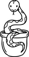 Snake emerging from small pot simple black line art drawing illustration vector