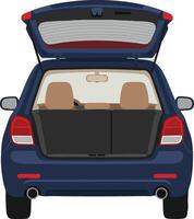 Blue hatchback car with open trunk showing interior and beige seats illustration vector