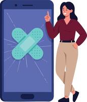Woman standing next to large smartphone with broken screen and bandage symbol representing mobile repair or protection concept illustration vector