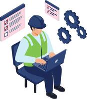 Construction worker wearing helmet and safety vest working on laptop with gears and checklist illustration in modern isometric style vector