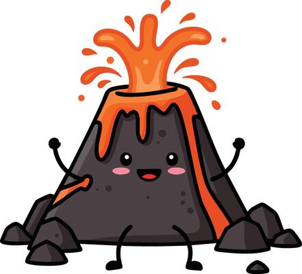 Happy cartoon volcano erupting with orange lava and black rocks illustration in playful style