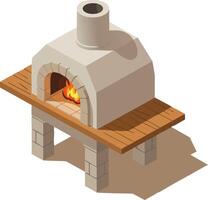 Outdoor brick pizza oven with wooden table and burning fire in isometric style for cooking and baking vector