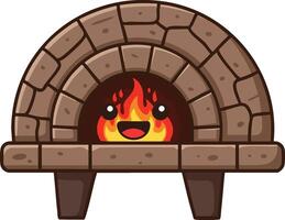 Cute happy stone oven with fire burning inside adorable smiling brick pizza oven design vector