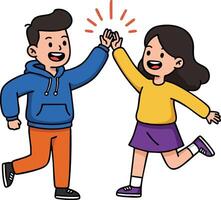 Children boy and girl giving high five in casual clothes celebrating friendship and teamwork illustration vector