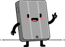Animated happy gray tablet character with smiling face and gesturing hand illustration vector