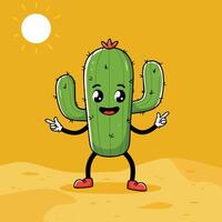 Happy cartoon cactus character with red shoes in sunny desert scene illustration vector