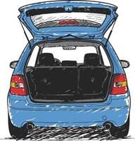 Blue hatchback car with open trunk rear view drawing illustration suitable for automotive design and transport concepts vector