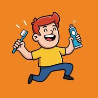 Happy boy holding toothbrush and toothpaste smiling with orange background illustration vector