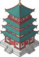 Traditional Asian pagoda architecture with green roof and red walls in isometric view vector