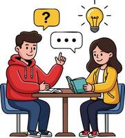 Young man and woman having discussion with question and idea icons around during study session indoors illustration vector