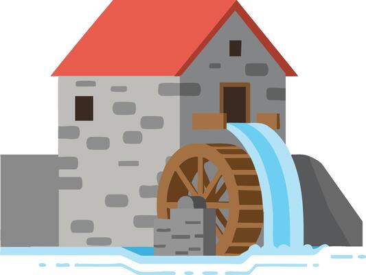 Watermill building with red roof and flowing water wheel illustration design