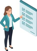 Businesswoman completing checklist on clipboard in isometric style illustration vector
