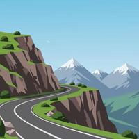 Mountain road winding along steep cliffs with snow capped peaks under clear sky illustration vector