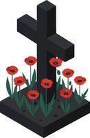 Black cemetery cross with red poppies growing around grave design for memorial remembrance and tribute vector