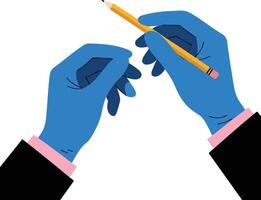 Blue gloved hands holding sharpened pencil in business suit sleeves illustration for writing and creativity concept vector