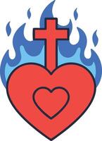 Sacred heart symbol with cross and blue flames representing religious spirituality and devotion icon vector