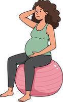 Pregnant woman sitting on pink exercise ball relaxing with hand on head and touching belly natural maternity vector