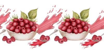 Raspberry border with bowl and splashes, a digital watercolor drawing of ripe berries, leaves, and juice stains on a white background. Perfect for packaging, stickers, or invitations. png