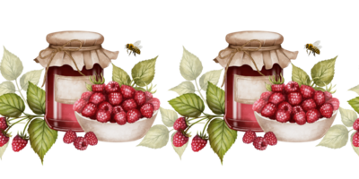 Watercolor seamless border featuring glass jar raspberry jam, bowl of ripe red berries, green leaves and bee on white background. Perfect for packaging, culinary books and eco-product branding png
