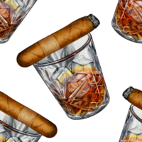 atercolor seamless pattern featuring a whiskey glass with ice and a cigar on a white background. Perfect for packaging, textiles, and men's accessories. png