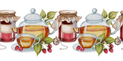 Watercolor seamless border with teapot, teacup, raspberry jam jar, red berries, tea infuser and green leaves on white background. Ideal for packaging, menu design and tea shop branding. png