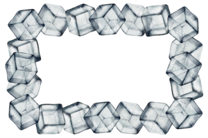 Watercolor frame of ice cubes with empty space in the center for text. Perfect for menu design, packaging, branding, and beverage advertising. png