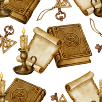 Seamless pattern with ancient spell book, candle in holder, scroll, and alchemical symbols. Hand-drawn watercolor illustration on white background. Ideal for fabric, wrapping paper, and fantasy design png