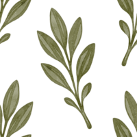 Seamless pattern with green leafy branches hand-painted in watercolor style. Repeated botanical elements on white background. Perfect for fabric, packaging, and eco design projects. png