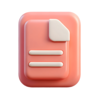 3D rendered document icon with a coral colored background and white lines symbolizing text or a file on a transparent background png