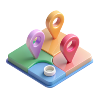 Colorful 3D location pins on a map puzzle piece perfect for navigation and travel concepts on a transparent background png