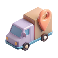 Cute 3D delivery truck with a pastel color scheme and a location pin symbol on the side perfect for logistics and delivery service illustrations on a transparent background png