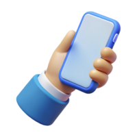 3D rendered hand in a blue sleeve holding a modern smartphone with a blank screen on a transparent background png