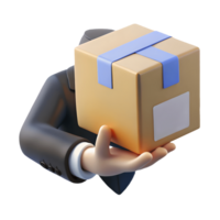 3D rendering of a hand in a suit holding a cardboard box with blue straps ready for delivery on a transparent background png