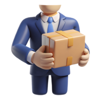 3D businessman in a blue suit holding a cardboard box with tape ready for delivery or shipping on a transparent background png