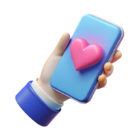 3D hand holding a blue smartphone with a pink heart icon on screen symbolizing love and connection in the digital age on a transparent background png