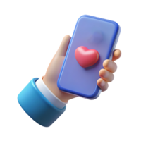 3D hand holding a blue smartphone with a red heart icon on the screen symbolizing love and connection in the digital age on a transparent background png