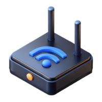 Modern black Wi Fi router with blue signal icon and dual antennas modem on a transparent background png
