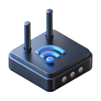 Modern black Wi Fi router with blue signal icon and dual antennas connection on a transparent background png