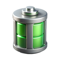 High capacity green battery with metallic casing symbolizing renewable energy and sustainability on a transparent background png