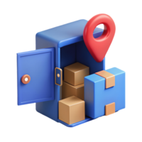 3D illustration of a blue locker with packages and a red location pin symbolizing secure delivery service on a transparent background png