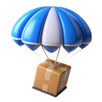 Blue parachute delivering a cardboard box perfect for logistics and shipping concepts on a transparent background png