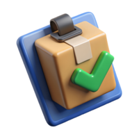 3D illustration of a cardboard box with a green checkmark on a blue clipboard symbolizing approved or verified package on a transparent background png