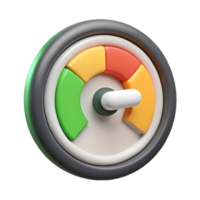Colorful 3D gauge with green yellow and red sections pointing to yellow indicating a medium level on a transparent background png
